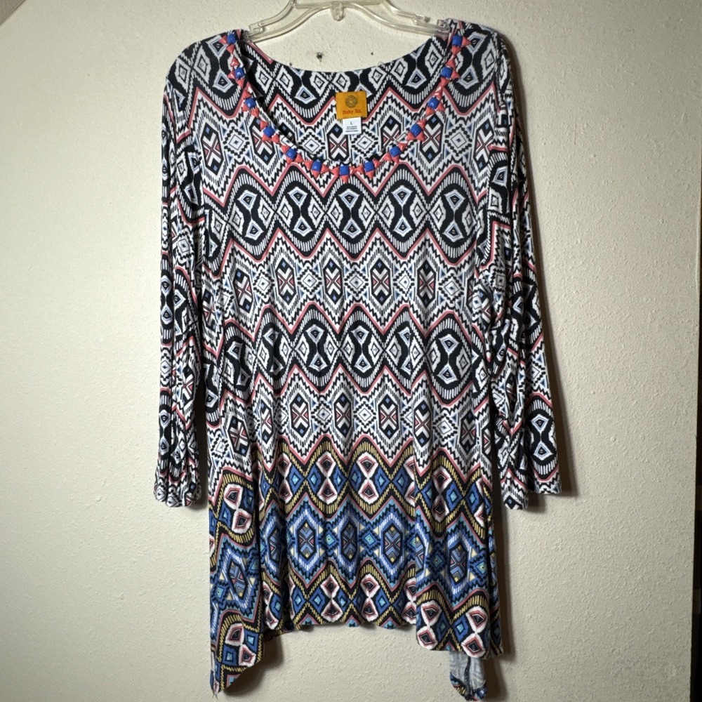 Ruby Rd Womens Large Geometric Aztec Print Embellished Tunic Top Rayon Blend